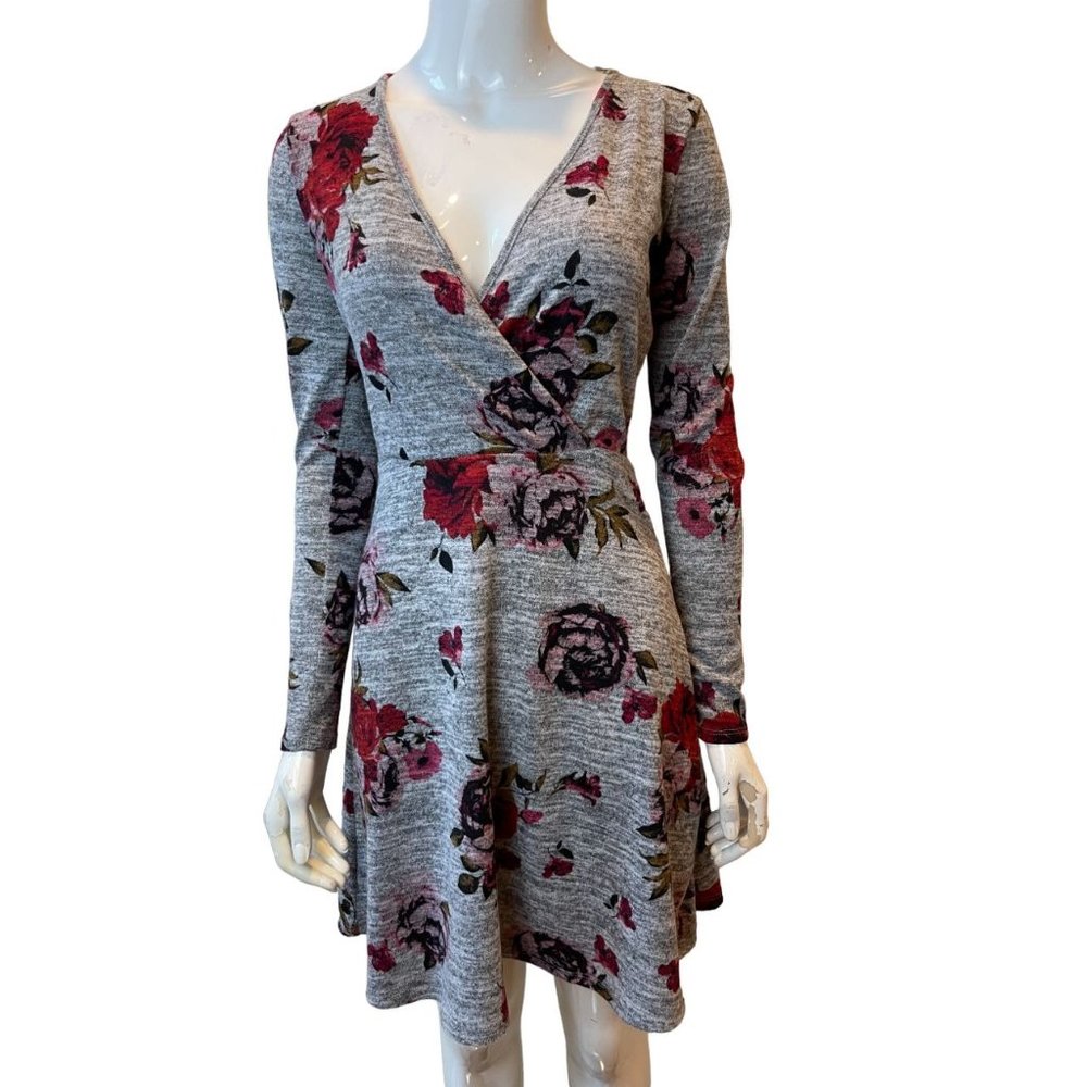 Candies Womens Wrap Dress Lace Back Knitted Long Sleeve Floral Gray Size X Small